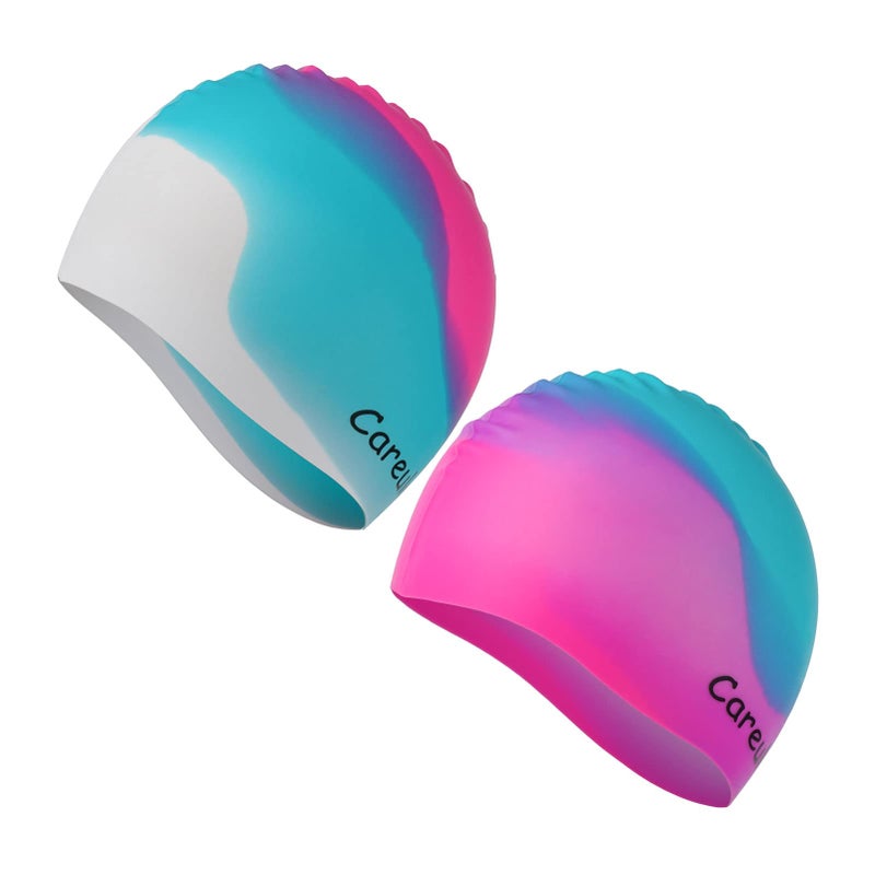 Careula Swim Cap, 2 Pack Durable Silicone Swimming Caps for Kids Girls Boys Youths (Age 2-12), Soft 3D Ergonomic Waterproof Kids Swim Caps, Comfortable Fit for Long Hair and Short Hair - Image 1